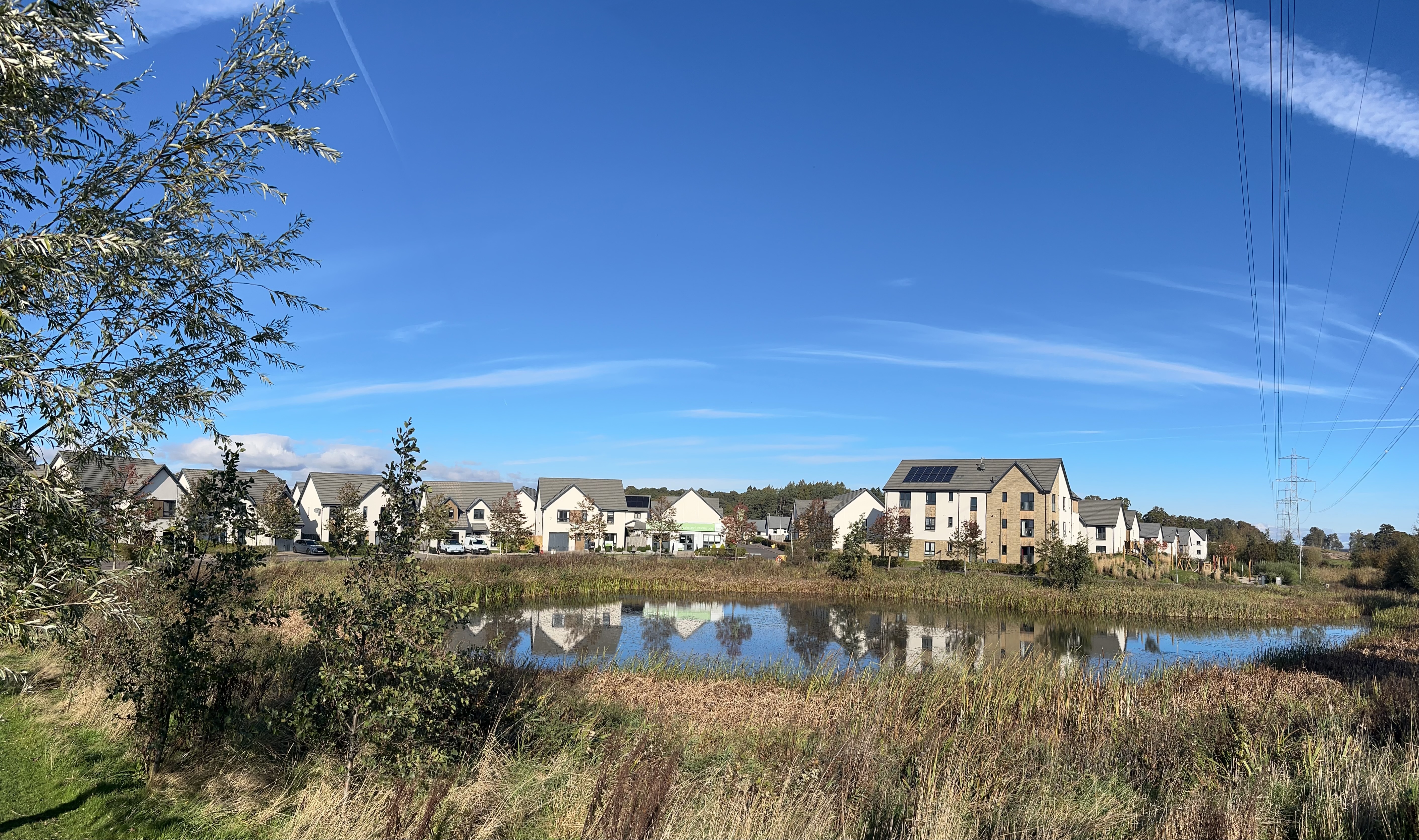Panoramic view of Bertha Park community with pond and residential homes